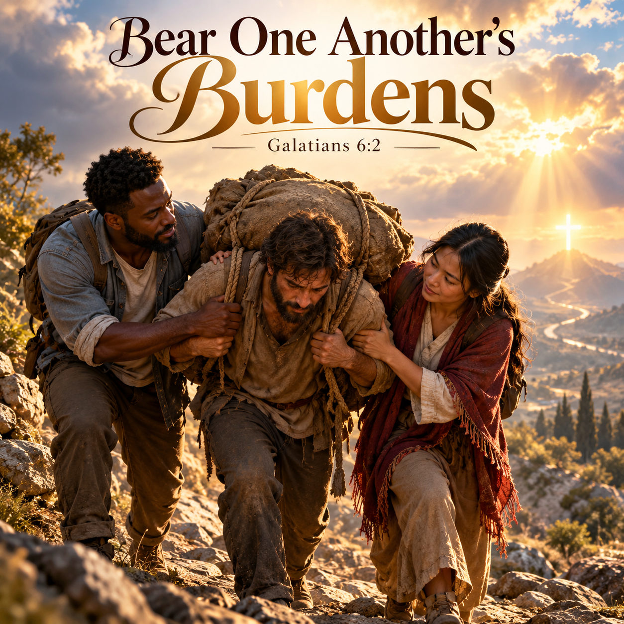 A multicultural group of three people helping a weary man carry a heavy burden along a rocky path, illustrating Galatians 6:2 and Christ's command to bear one another's burdens.